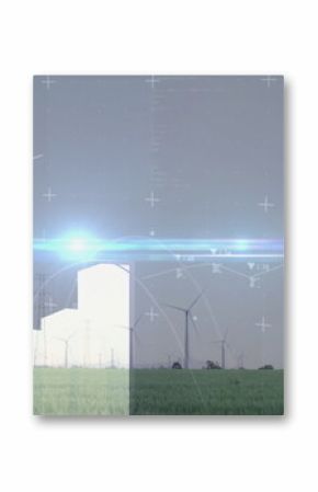 Displaying rotating white wind turbines at wind farm, with data overlays and blue lens flare