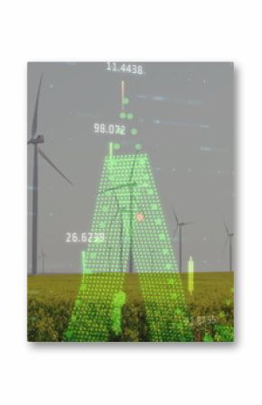 Displaying large white wind turbine rotating over yellow crop field, with green digital data charts
