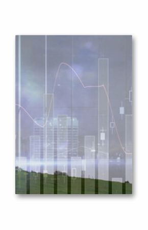 Dominating grassy hill, wind turbine looming under cloudy sky, financial chart overlays, copy space