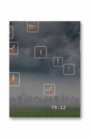 Overlaying translucent squares with orange energy icons, numbers over grass, foggy city skyline