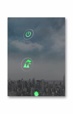 Floating green holographic icons hovering above urban skyline, with wind turbine and lightning bolt