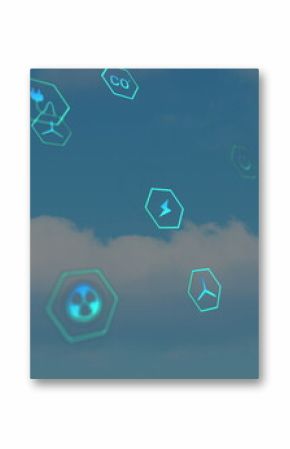 Floating turquoise hexagonal icons hovering over open blue sky, with environmental energy symbols