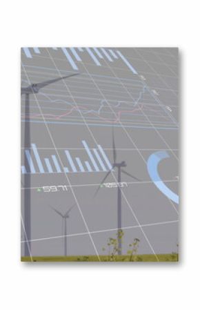 Displaying large wind turbine standing at wind farm, with grid lines, charts and numeric overlays