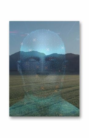 Floating digital holographic head displaying UI elements above crop rows at dawn with wind turbines
