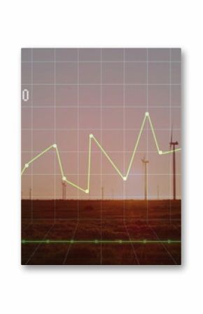 Green grid overlay weaving fluctuating line chart over wind turbines at sunset, with label 83
