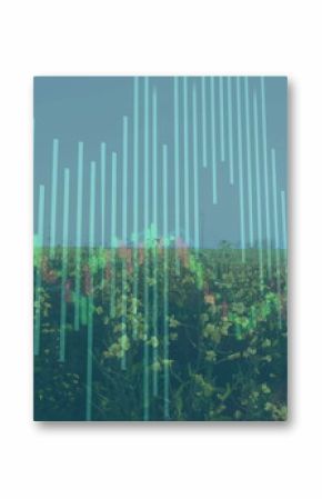 Displaying yellow crop field showing digital bar and candlestick charts at farm, with wind turbines