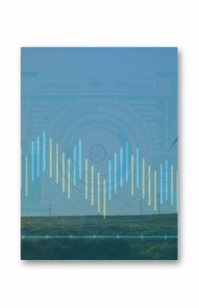 Displaying interface overlay showing energy data over wind farm, with turbines, charts, gauges