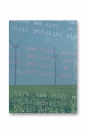 Rotating wind turbines generating energy on rural wind farm, with overlaid financial data