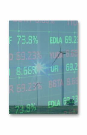 Displaying modern three-blade wind turbine rotating on grassland plain, with stock ticker overlays
