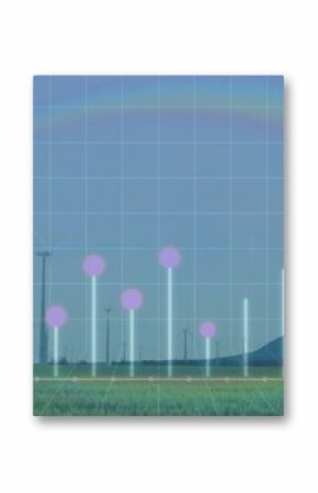 Displaying glowing chart overlay above rural wind farm plain, with clear grid and rainbow flare