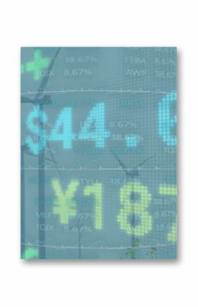 Displaying financial data overlays on wind turbines at wind farm, blending energy and stock trends