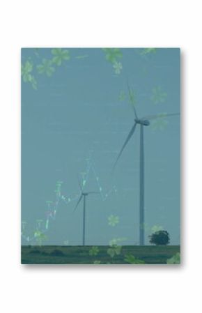 Displaying large wind turbine rotating on grassy plain, showing candlestick chart and leaf overlays