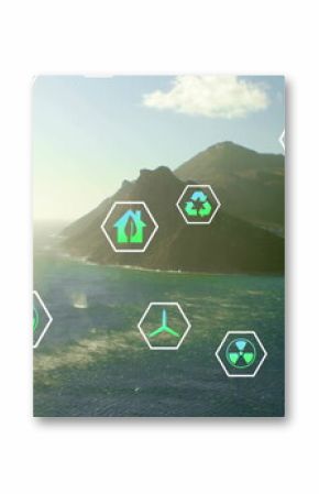 Showing rocky mountain ridge rising from coastal sea in aerial view, with hexagonal eco icons