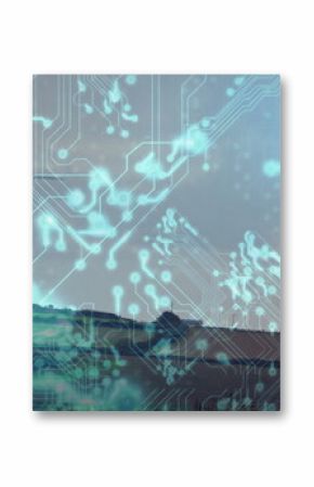 Rising wind turbine towering above rolling farmland, glowing with translucent circuit board overlay