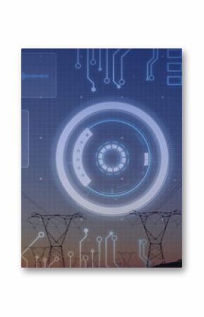 Overlaying HUD on power towers at dawn, with waveform, charts, map, code snippet and circuit traces