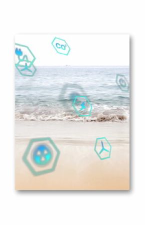 Floating cluster of hexagonal icons drifting above sandy shore at ocean, with energy green symbols