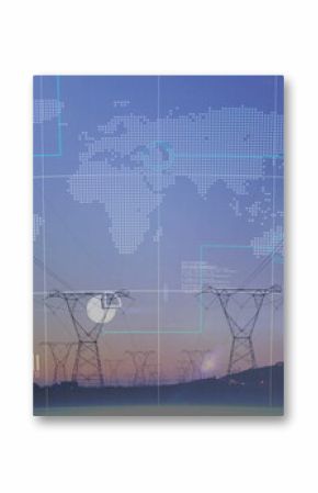Steel lattice towers carrying power lines over rolling hills at sunset with digital network overlay