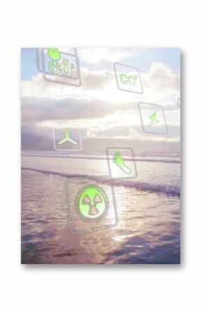Floating digital icons hovering above shoreline at low tide with renewable and recycling symbols
