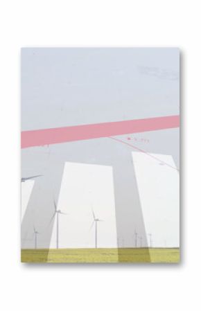 Displaying wind turbine standing on grassy plain, chart and arrowed line graph overlay, copy space