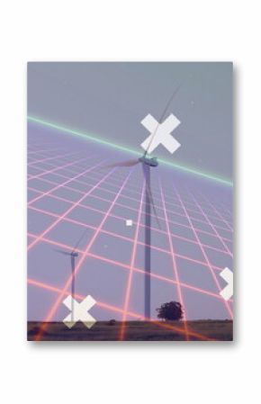 Silhouetting central wind turbine rising on grassland at dusk, with neon-pink grid, white X shapes