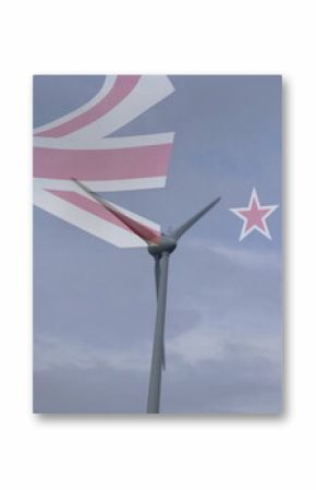 Standing tall wind turbine rotating slowly in rural landscape, with translucent New Zealand flag