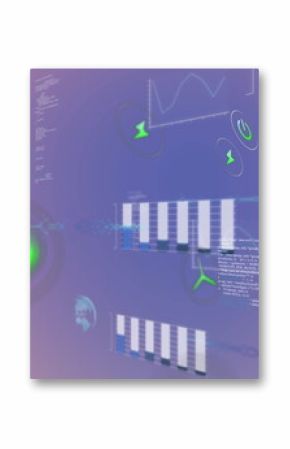 Displaying central white-blue chart cluster pulsing on gradient interface, with green energy icons