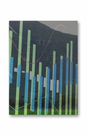 Rotating wind turbine on grassy field at mountain base, with bar and line overlays, copy space