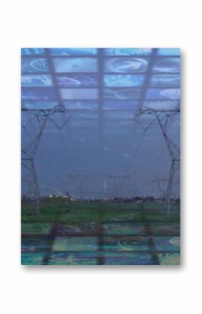Blending high-voltage towers and power lines rising over grassy field at dusk, with digital panels