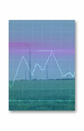 Showcasing white wind turbine standing in wind farm with translucent grid and colored line graph