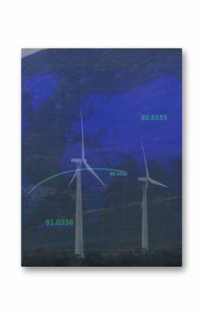 Spinning white wind turbines rotating in foothills, with digital map, grid lines and data points