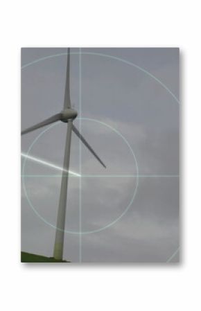 Showing wind turbine on grassy hill, with radar overlay showing crosshair, circles, sweep beam