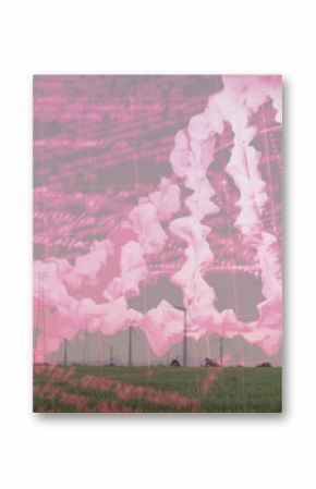 Spinning white wind turbines in rural farm field with lush grass, translucent pink DNA code overlay