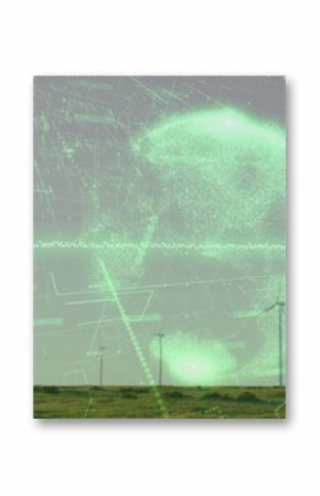 Holographic globe hovering above wind turbines over rural grassland, showing digital data visuals