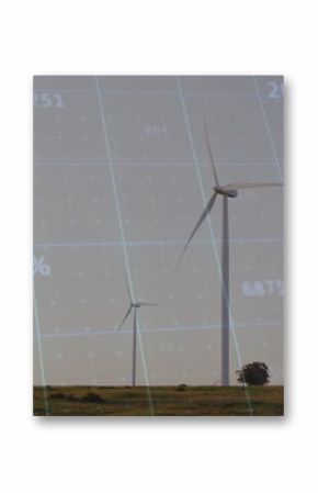 Featuring large wind turbine rising against overlaid data grid on rural plain, with numeric labels
