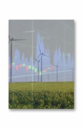 Highlighting white wind turbine rising above rapeseed field with candlestick overlay, copy space