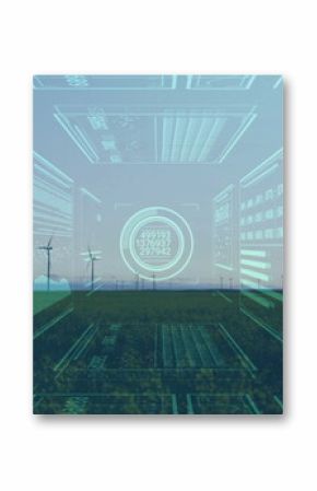 Floating holographic panels displaying data and charts on grassy plain at dusk, with wind turbines