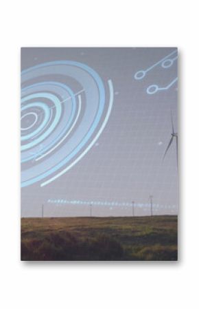 Displaying large wind turbine rotating under clear sky at wind farm, with HUD overlays, copy space
