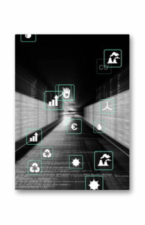 Scrolling code corridor forming virtual tunnel, with floating green energy, finance and eco icons