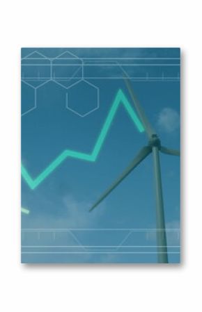 Rotating wind turbine tower and rotor against blue sky, with HUD graph overlay, copy space