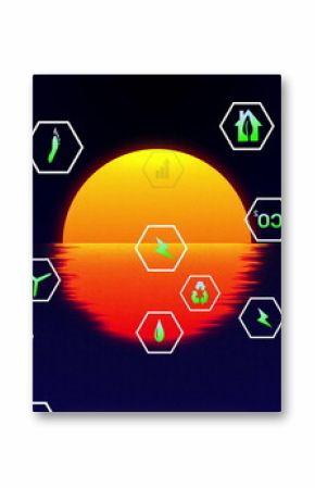 Glowing orange sun reflecting over ocean horizon, with green hexagonal recycling wind power icons