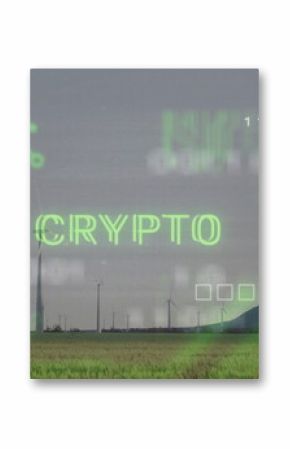 Displaying glowing green CRYPTO text hovering over foothill wind farm with circuitry and data