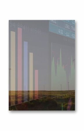 Displaying wind turbines on grassy plain under digital bar charts, line graphs and numeric tables