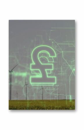 Showing neon-green pound sign hovering above yellow field at wind farm, turbines and circuit lines