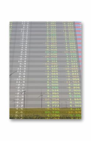 Displaying translucent financial table overlay covering grassy plain with wind farm, colored cells