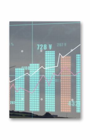 Displaying colored bar columns on hillside ridge with wind turbine, grid and trend lines, labels