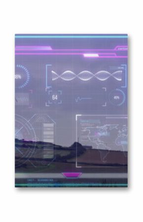 Showing wind turbine tower and blade rising on grassy ridge with HUD overlay elements, copy space