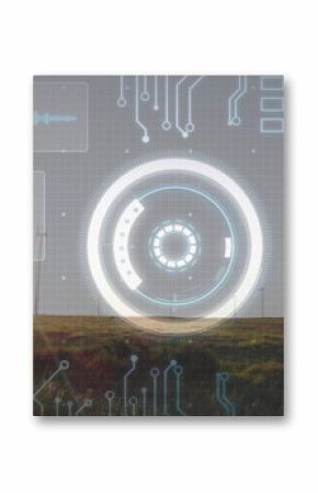 Displaying circular HUD overlaying grassy plain wind farm, with wind turbine towers and data panels