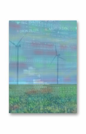 Spinning wind turbines in grass and wildflower meadow, displaying binary streams and ticker symbols