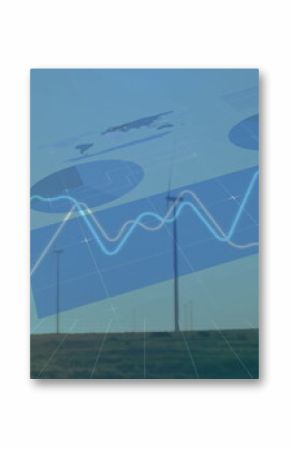 Displaying wind turbines showcasing renewable energy metrics on grassy plain, with data overlays