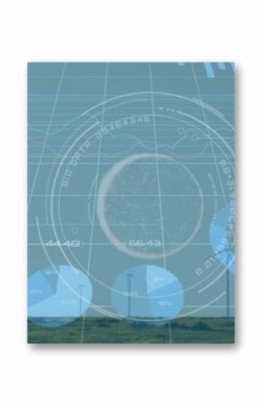 Visualizing circular interface tracking wind farm metrics on grassy plain using digital charts